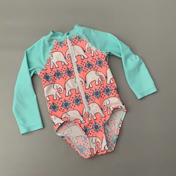 Floatimini | Girls Elephant Print Zip Front Long Sleeve One Piece Swimsuit 18 mo - Picture 1 of 5